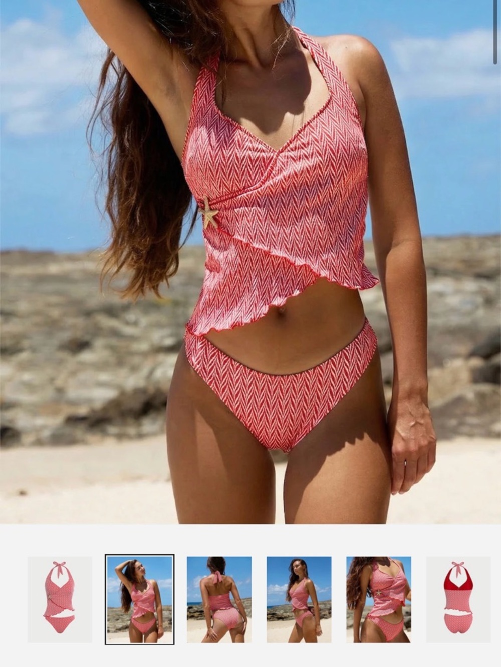 Chevron Ruffle Tankini Bikini Set - Red Women Swim